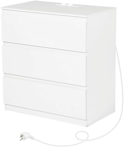 Komodenschrank für Schlafzimmer 70 cm Breit Kommode Weiß mit Steckdose&3 Schubladen, Nachtkasten Schubladenkommode Kommode&Sideboard Komoda Weiss für Büro Wohnzimmer Schlafzimmer Flur(70x40x75CM) | Komfortabel, weiß, Nachttisch, Kommode, Kommode und Sideboard für Büro, Wohnzimmer, Schlafzimmer, Flur, Möbel