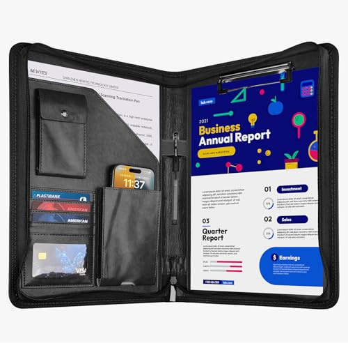GUYUCOM Leather Zipper Conference Folder, A4, Travel Document Folder, Portfolio Travel Wallets, Black