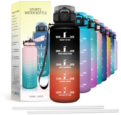 JAPORIA Borraccia 1.5L, Bottiglia Idratazione con Cannuccia, Indicatore Tempo, Antigoccia, Riutilizzabile, per Squadra, Palestra, Campeggio