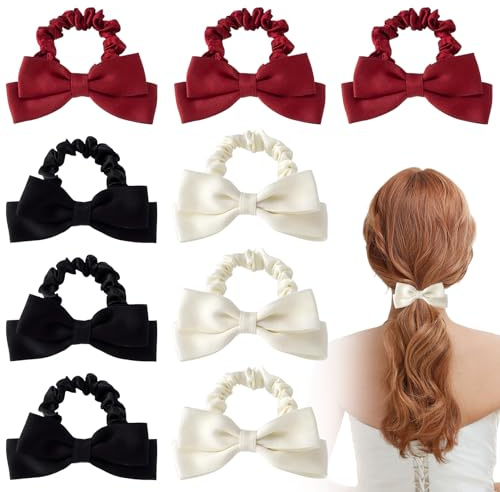 9 Stück Haargummi mit Schleife,Haarschleife,Haarschleifen Mädchen,Seiden Haargummi Schwarz,Seide Scrunchie,Rote Schleife Haare,Haarklammer Rot,Weich Elastics Süße Hair Ties für Damen Frauen Beige