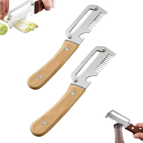 Pelapatate multifunzione, con manico in legno e apribottiglie, 3 in 1, in acciaio inox, per cucina, pelapatate ergonomico per patate, carote, zucca