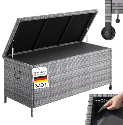 STEELSØN Serion Gartenbox 140 cm breit, mit Rollen, Grau, wetterfest | Rattanbox 140x62x61 cm mit Griffen, Outdoor Auflagenbox, Klappdeckel, Aufbewahrungskiste, Gartenkiste Stahlgestell, Kissenbox