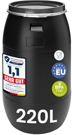 Garronda Serbatoio Acqua HDPE per Alimenti 220L Nero GD-0078 | Manici integrati nel fusto, apertura ampia e chiusura con fascetta metallica senza guarnizione; usare in verticale