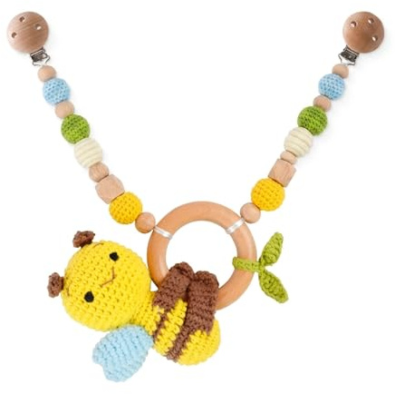 Herfair Kinderwagenkette aus Holz mit gehäkelter Biene – Handgemachtes Kinderwagen-Spielzeug, Baby Mobile Kette für Babyschale, Spielbogen Anhänger & Kinderbett, Geschenk zur Geburt