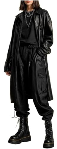 MERCH ATTIRE Dam svart överdimensionerad premium läderrock lång jacka slät finish matris cosplay halloween kostym, Svart – fuskläderrock, M