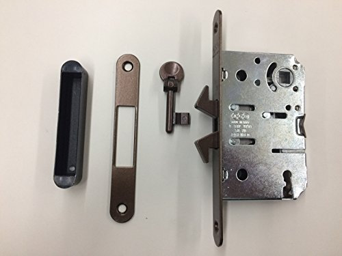 Serratura AGB Scivola TT per porte scorrevoli con quadro maniglia Q8 e chiave, bronzata, entrata 50 completa di contropiastra e chiave, frontale 16x168 mm, incontro contropiastra 128x18mm