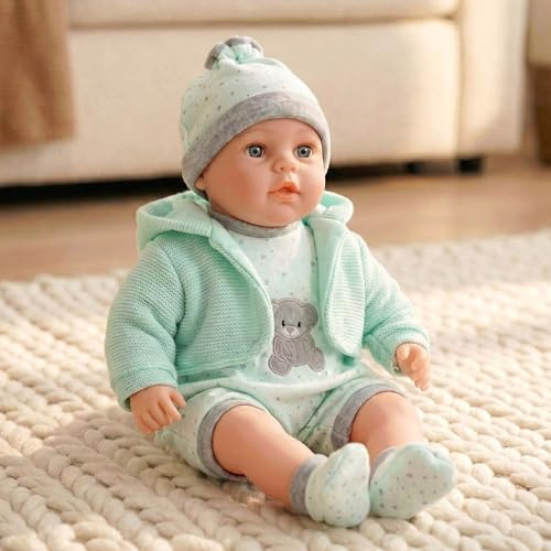 The Magic Toy Shop BiBi Doll 18-Inch Baby Doll Willow with 16 Baby Sounds – Realistic Newborn Boy with Dummy, Soft Fabric Body, Vinyl Limbs & Removable Green Outfit – for Girls & Boys 18 Months+