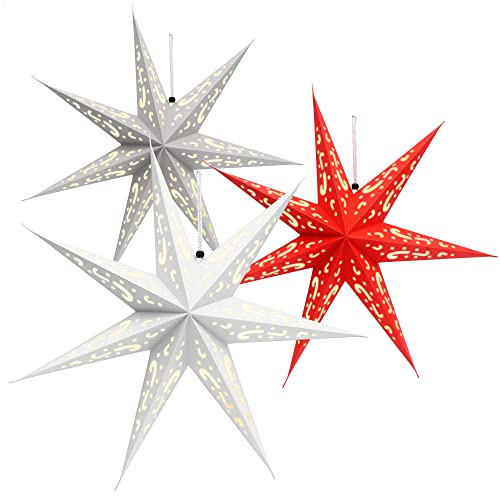 COM-FOUR® 3X Estrella Luminosa en 3D - Estrella navideña con iluminación LED y Temporizador - Estrella de Papel Premium