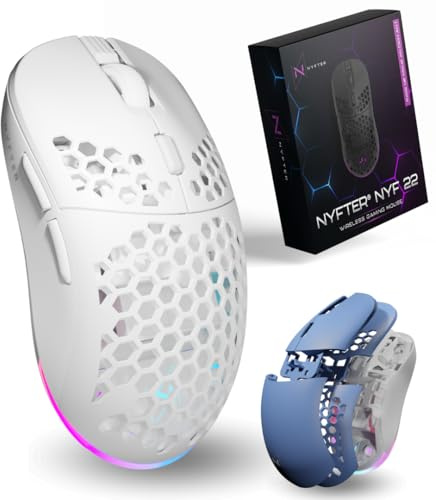 Nyfter - NYF22 Wireless Gaming Mouse mit White-Blue Honeycomb Maus Ultraleicht 75g leistungsstark mit 400mA 19K DPI, 400 IPS 1000 hz 50h Akkulaufzeit langlebig Zwei wechselbare Cases inkl.