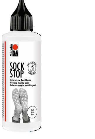 Marabu 17220106070 - Sock Stop, 90 ml, weiß, gummiartige Antirutsch-Farbe auf Wasserbasis (kein Latex), für Textilien, sicherer Halt auf glatten Böden, einfache Anwendung aus der Flasche