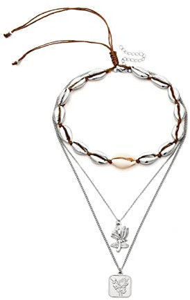 Stfery Muschelkette Anhänger, Layer Halskette Silber Metalllegierung Mehrschichtige Jakobsmuschelkette Stil2 Frauen Schmuck