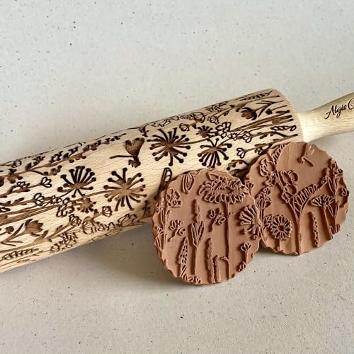 Nudelholz WIESE. Geprägte Nudelholz mit Muster für hausgemachtes Gebäck und Keramik. Teigroller von Algis Crafts
