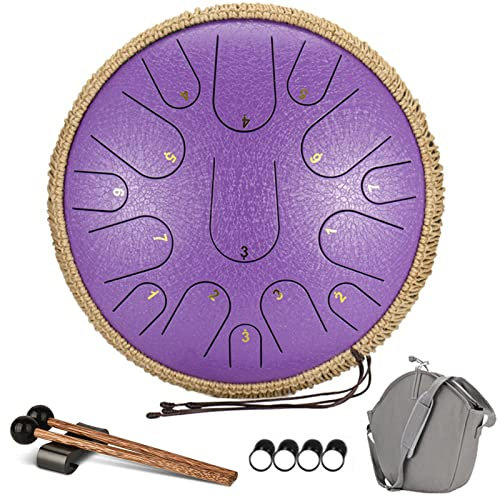 Tongue Drum 15 Noten 14 Zoll, Zungentrommel, Trommel Stahl Handpan Schlagzeug Instrument Schlaginstrument Mit Schlägel Tragetasche Steel Drum Für Zen Meditation Yoga Musikausbildung,Lila