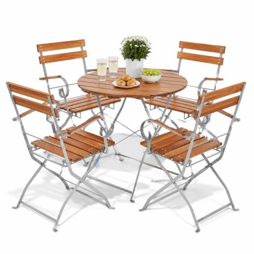 Mojawo 5er Biergarten Set Bistroset Biergartenmöbel Klapptisch + 4 Klappstühle + Lehne klappbar Akazienholz rund Stahl Ø80cm