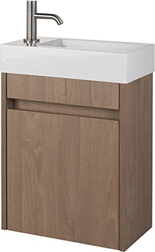 Saqu Florence Gäste WC Waschbecken mit Unterschrank Vormontiert - in Braun mit Mineralmarmor-Waschbecken und Edelstahlhahn Links - Kleines Gäste WC Bad Möbel mit Waschtisch