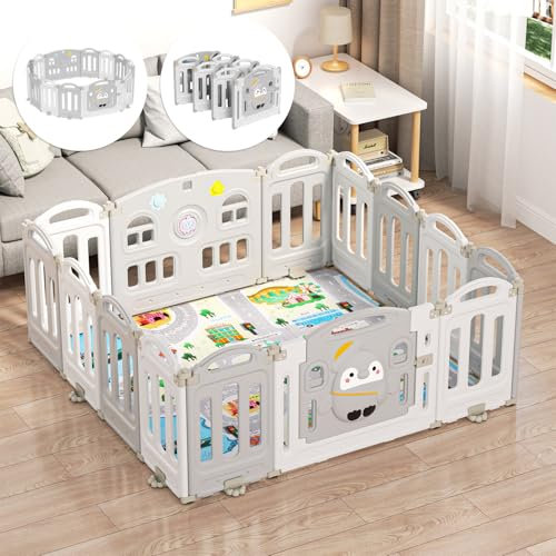 Izrielar 150x180cm Laufstall Baby,Laufgitter baby mit atmungsaktivem Netz und Reißverschluss,210D Oxford Gewebe Kinder laufgitter,Dunkelgrau