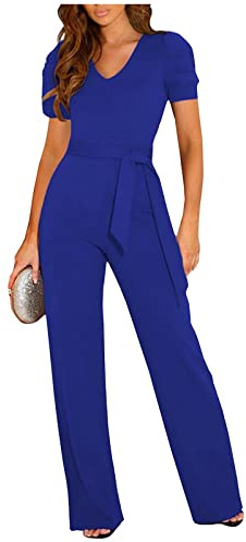 RMBLYfeiye Damen Jumpsuit Blauer Arbeits Latzhose Rundhals Einfarbiges Rüschenärmel Hosenanzug Mit Gürtel Straight Leg Hochzeit Gast Jeanslatzhose (Königsblau, L)