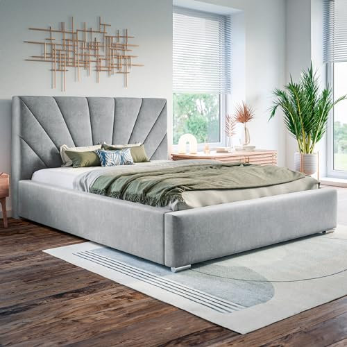 MOTIVENA Sisi Polsterbett 120x200 mit Bettkasten, Bett 120x200 mit Lattenrost, Bett 120x200 mit Stauraum, Stauraumbett 120x200, mit Kopfteil, ohne Matratze, Samt, Grau (Hellgrau)