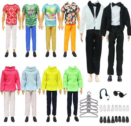 Abbigliamento per bambole compatibile con Ken, 28 pezzi: 1 completo, 1 pullover, 3 indumenti, 3 pantaloni, 6 scarpe, 5 appendiabiti, 1 paio di cuffie, 1 occhiale da sole per bambole da 12 pollici