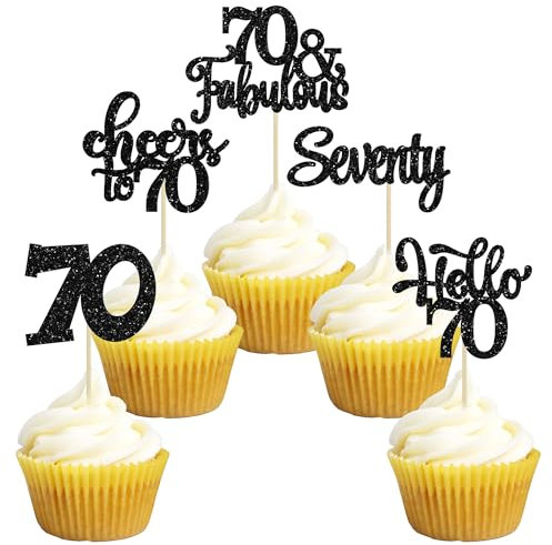 30Pcs Happy 70th Birthday Cupcake Toppers Seventy Cheers to 70 Years Old Birthday Cupcake Picks for 70th Birthday Anniversary Party Cake Decorations Supplies Black Glitter