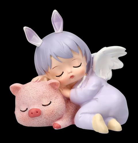 Zauberhafte Deko-Figur: Schlafendes Engelchen und Schweinchen, 7 cm, Lila, Perfekt für Sammler, Figur Engel