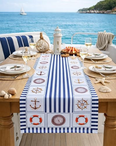 KAMACA Tischläufer Maritim – 40x140 cm mit Leuchtturm & Anker Motiv – Blau-Weiße Tischwäsche für Küche & Garten – Waschbar & Robust – Läufer für Sommer-Dekoration