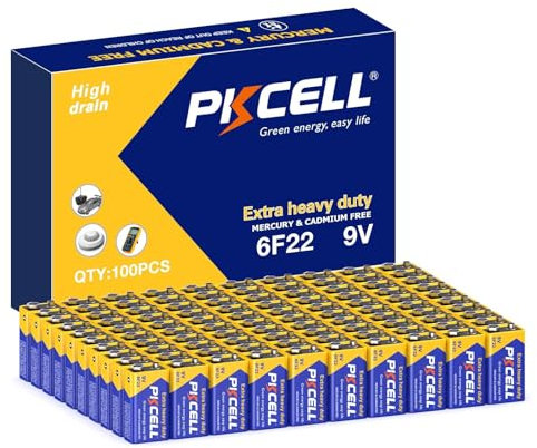 PKCELL Batería 9V 6F22 para Detector de Humo,cámara de Radio,Juguete,100 Unidades