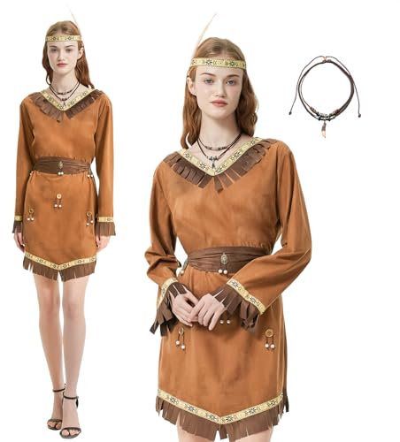 FORMIZON Indianer Kleider Damen, Indianerkleid Frauen, Karneval Kostüm Damen Indianerin, Indianer Kleid Set mit Stirnband und Halskette, Indianer Karneval Verkleidung Fasching Mottoparty (Damen-M)