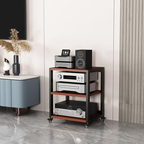 YVYKFZD Beweglicher Audio Rack HiFi Regal, offener HiFi Rack Komponentenschrank, tragbarer Phonoschrank, Record Player Stand aus Holz, Multifunktions-Medienspeicherschrank(Size:Teak 3 Tier-21.6X19.6