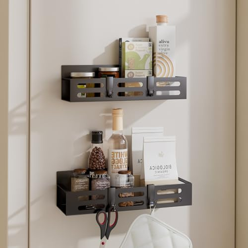 SETBAOO 2 Pack Magnetic Spice Rack for Refrigerator, Black Magnetic Shelf and Fridge Kitchen Cabinet Organizers Storage Seasoning Organization Mini Shelves, Organizadores de Cocina