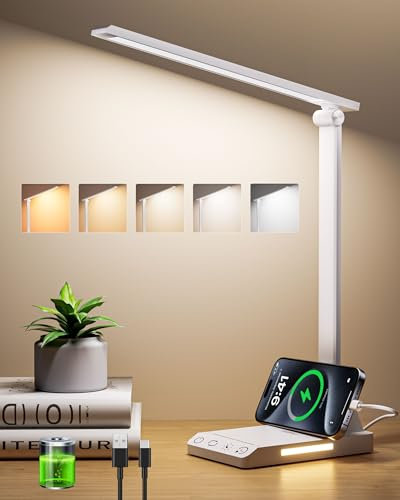 TOPPLEE LED Desk Lamp Rechargeable, Aluminium Dimmable Lamp with Night Light & USB Charging Port, 5 Color Temperature Eye-Caring Reading Lamp with Timer for Bedroom, Office, Dormitory (White)