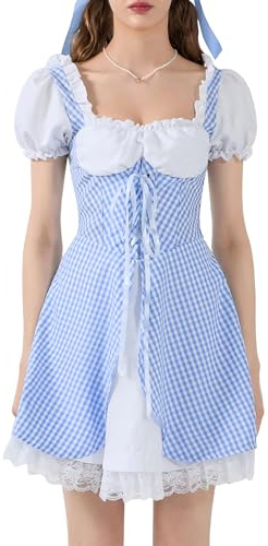 SANSIWU Dam halloween Sweetie fyrkantig hals kostym puff kortärmad Gingham miniklänning rutig spets fåll knyt korsett-klänning (A-himmelsblå, S)