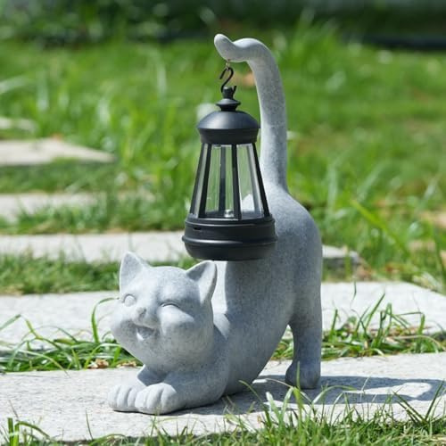 mikilov Katze Harz Statue mit Solar Laterne (Schwanz- Outdoor Laternen&Indoor Statue Dekorationen für Garten,Hof,Veranda,Haus,Balkon