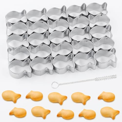 Goldfisch-Knacker-Ausstecher, 25 Mulden, Fisch-Ausstechform mit Reinigungsbürste, Edelstahl, Mini-Goldfischformen zum Backen, antihaftbeschichteter Teig