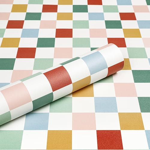 ReWallpaper Self Adhesive Wallpaper Art Deco Pink and White Checkered Wallpaper Kids Contact Paper for Cabinets Drawers Furniture 44.5CMx3M Colorful Mosaic Geometric Wall Paper Roll Removable