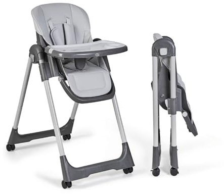 MS BabyWorld – Seggiolone Pappa Evolutivo Tasty | 7 Posizioni di Altezza e 3 di Reclinazione | Vassoio Estraibile e Poggiapiedi Regolabile | Portatile, Pieghevole, Fino a 3 anni (Grigio Chiaro)