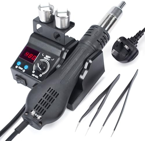 WEP 8858-V Hot Air Soldering Station Kit with Compact Size, Integrated Nozzle Holder, 3 Nozzles, 2 Tweezers, Adjustable Temperature& Air Volume, PID Program, °C/°F Conversion and More (UK Plug)