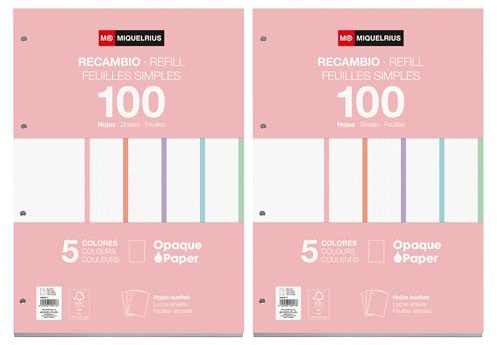 Miquelrius - Blocs de recambio, 200 hojas sueltas punteadas dots, Papel opaco 90 g/m², Recambio hojas A4 perforadas para carpeta de anillas o archivadores, Material escolar, 5 colores