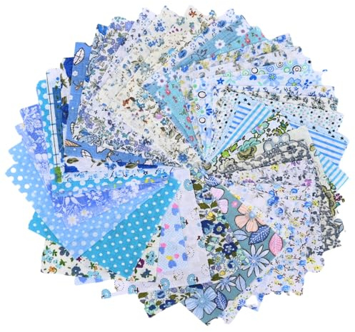 NECXON 50 st bomullshantverk tygbunt kvadrater, fat quarters tygpaket | sömtyg | Gingham-tyg | blommigt prickigt tyg lapptäcke för sömnad quiltning hantverk gör-det-själv (blå, 10 x 10 cm)