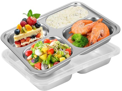 PCXWTLN Stainless Steel Bento Box, 2 Pack Lunch Boxes with 4 Compartments, Reusable Snack Container with Clear Lid, Divided Food Storage Containers for School Work Travel