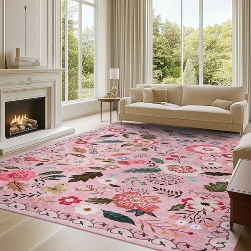 Puremy Groß Vintage Blumenmuster Niedriger Flor Teppich, 240x340cm, Rosa | Waschbarer Wohnzimmerteppich, Rutschfest,Teppiche für Wohnzimmer Schlafzimmer Bauernhaus Esszimmer und Kinderzimer
