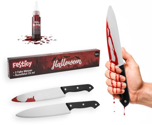 Festicy 2 Faux Couteau Halloween : Couteau Plastique Inspired by Michael Myers and Scream with 25ml Fake Blood