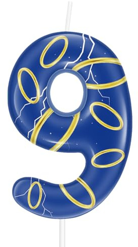 Blue 9th Birthday Number Candles,Number 9 Candle Cake Topper Decorations for Blue and Golden Rings Themed Parties,Magic Rings Birthday Cake Candles for Boys Girls Party Supplies