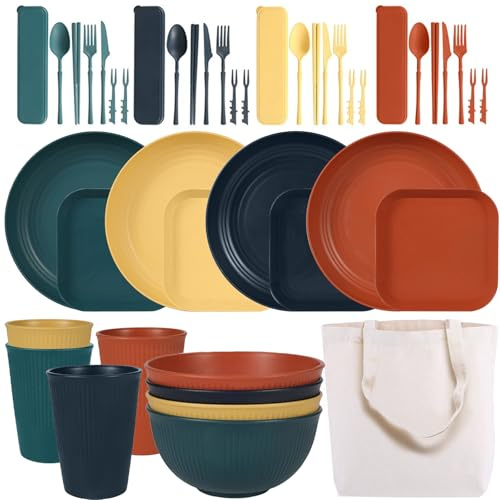 MORAINJAY Set di Stoviglie Colorate Infrattili da 45 Pezzi con Borsa in Tela, Set di Stoviglie Riutilizzabile da Campeggio per 4 Persone, Stoviglie in Plastica, Picnic, Piatti da Griglia Leggeri