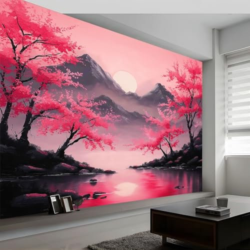 Generico Murales da Parete 3D Stile Pittura A Olio Arte, Fiori Di Ciliegio Riflesso Nell'Acqua Carta da Parati Fotografica di Alta Qualità per Soggiorno e Camere da Letto 200 x 140 cm
