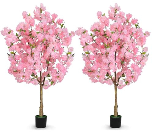Paquete de 2 Árbol Artificial de Cerezo de 120 cm, Planta Artificial Grande Realista con Maceta de guardería, Planta Decorativa de imitación Floral para jardín, Oficina, hogar, Boda, Hotel