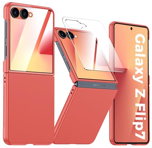 Vizvera for Samsung Galaxy Z Flip 7 Case, Built-in Screen Protector Slim Fit Scratch-Resistant Drop-Resistant Anti-Fingerprint, Support Wireless Charging,Phone Cover for Galaxy Z Flip 7 2025,Coral Red