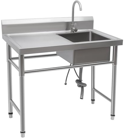 Jiumxliu Küchenspüle, Spüle mit Unterschrank 4 Wasserauslass Modi Freistehende Edelstahl Spültisch Ausgussbecken Edelstahl für Restaurant Garage oder Waschküche 100x60cm