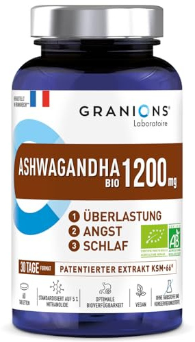 ASHWAGANDHA BIO 1200 MG GRANIONS 30 Jours - Ashwagandha KSM-66 - Anti Stress Adulte, Sommeil Adulte - 60 comprimés - Fabriqué en France