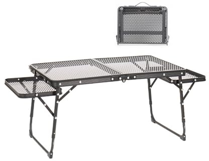 Mesa plegable portátil compacta de altura ajustable – 70 x 40 cm, mesa auxiliar de metal para barbacoa, picnic, camping, con escritorio de malla para fiestas al aire libre y uso en la playa
